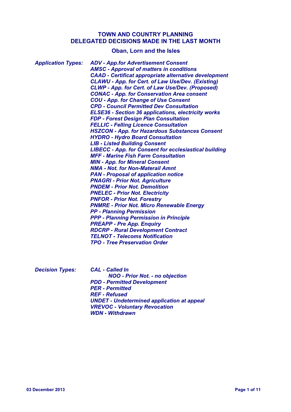 TOWN and COUNTRY PLANNING DELEGATED DECISIONS MADE in the LAST MONTH Oban, Lorn and the Isles