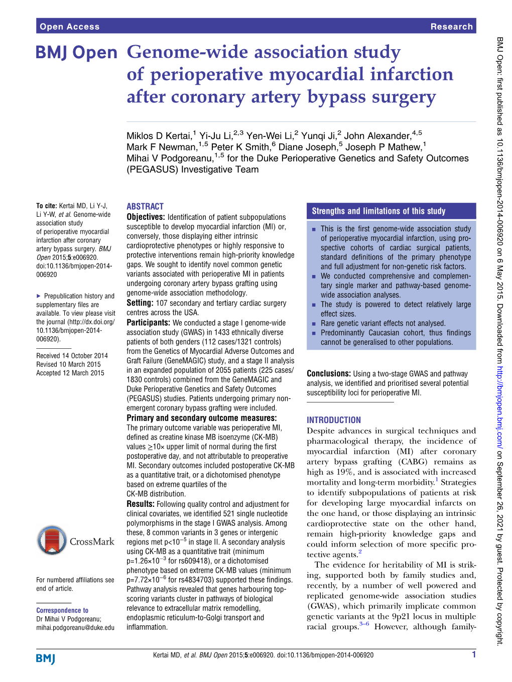 Genome-Wide Association Study of Perioperative Myocardial Infarction After Coronary Artery Bypass Surgery