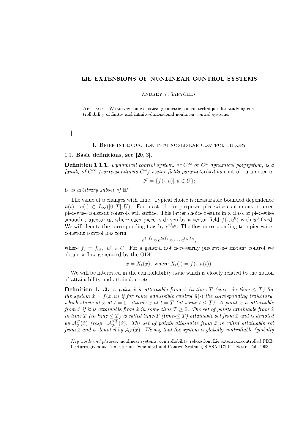 1. Brief Introduction Into Nonlinear Control Theory 1.1