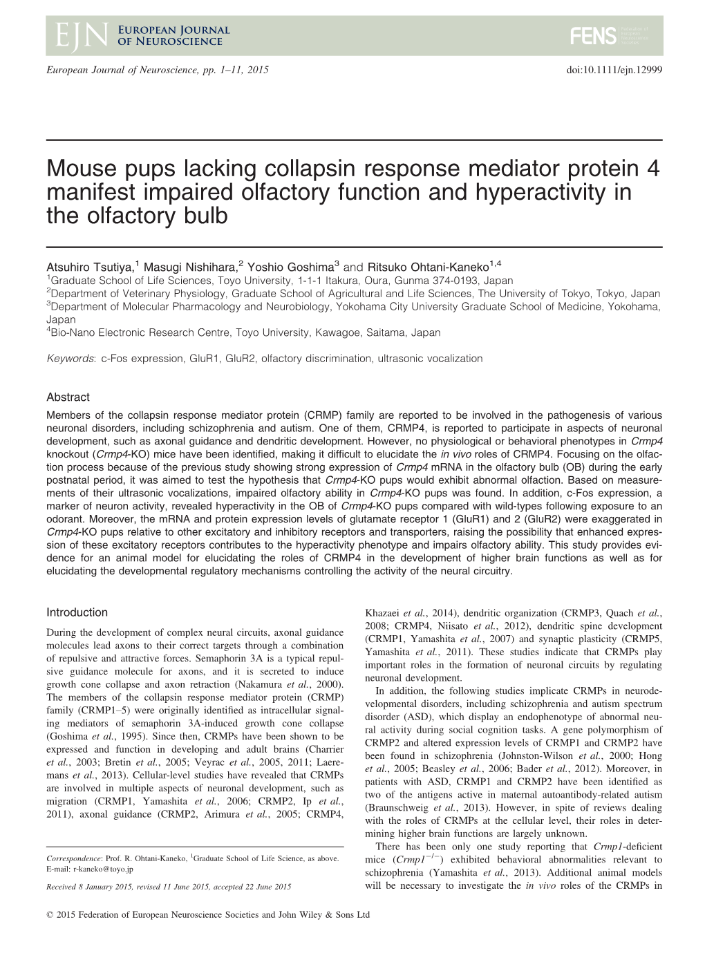 Tsuitiya at Al., 2015. Mouse Pups Lacking Collapsin Response