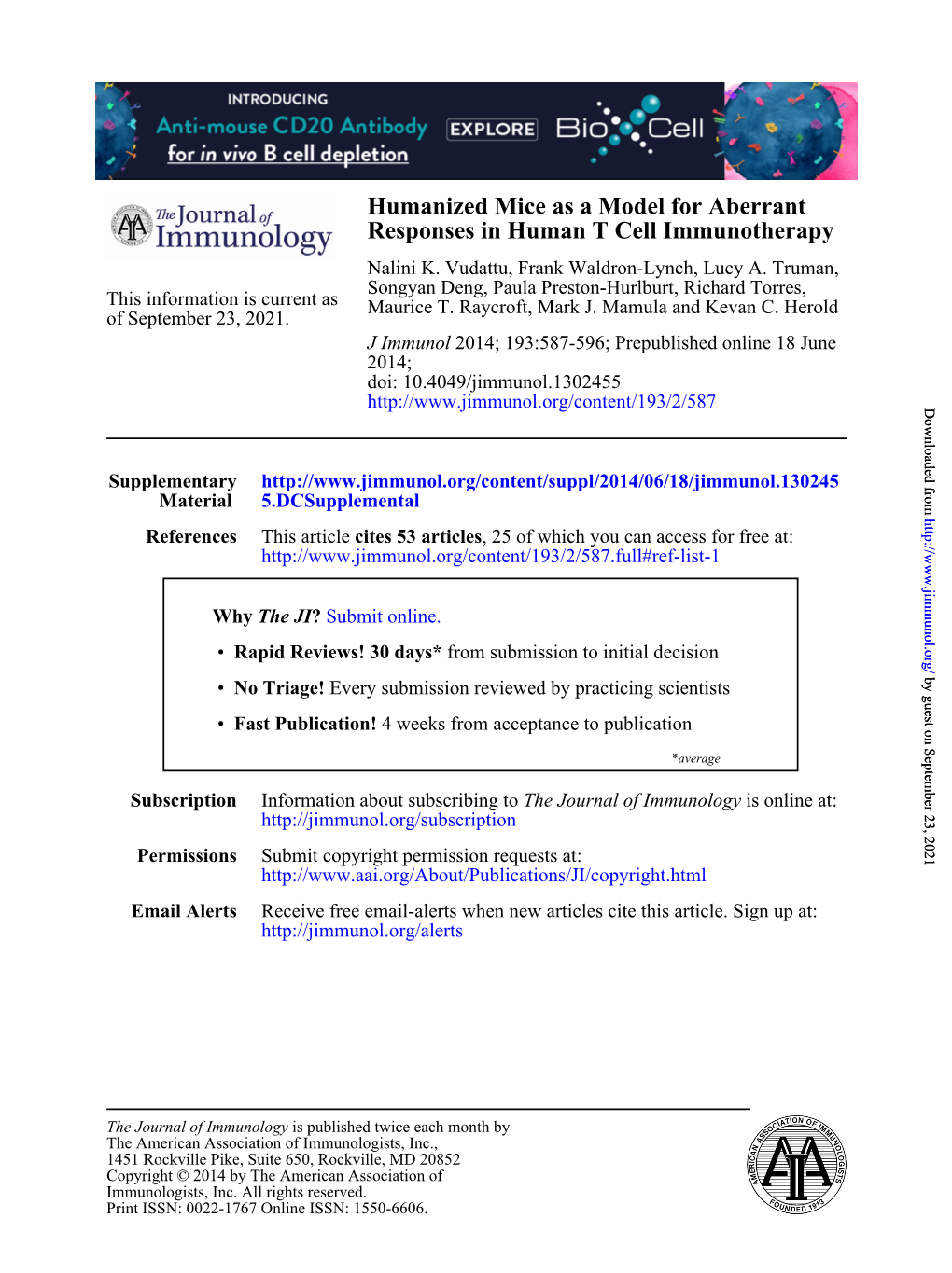 Humanized Mice As a Model for Aberrant Responses in Human T Cell Immunotherapy Nalini K