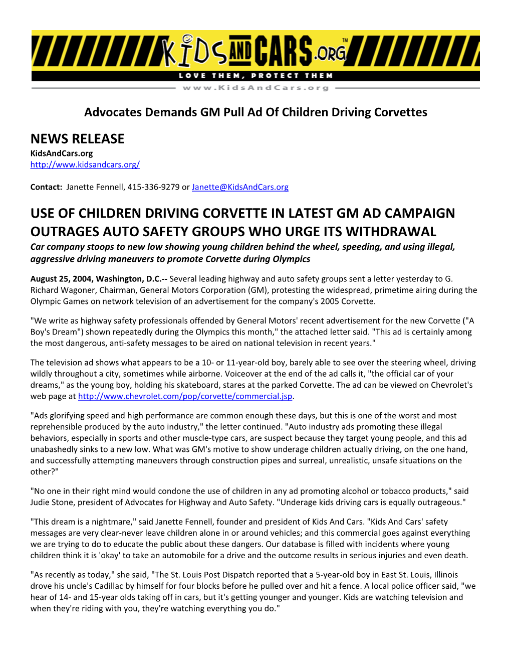 News Release Use of Children Driving Corvette in Latest