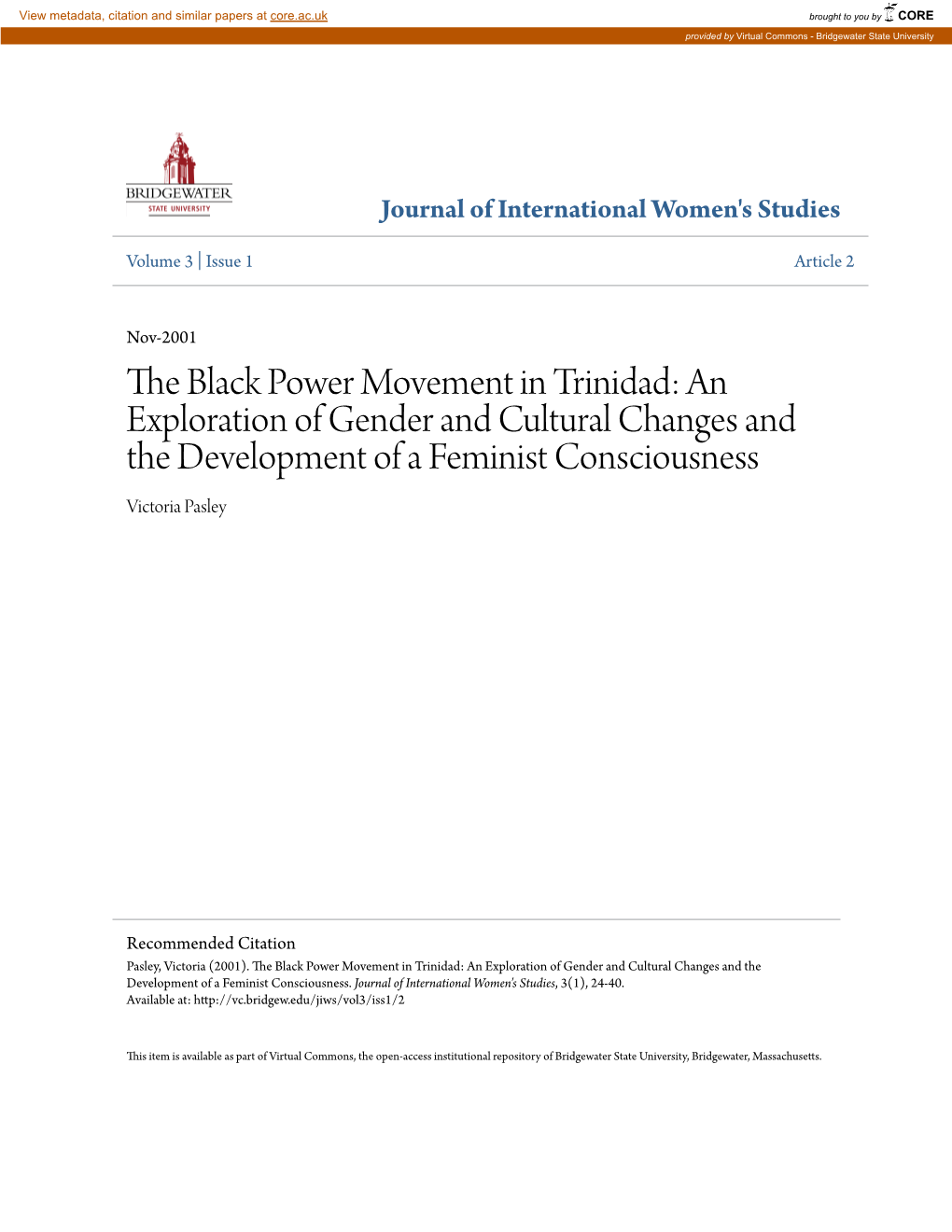 The Black Power Movement in Trinidad: an Exploration of Gender and Cultural Changes and the Development of a Feminist Consciousness