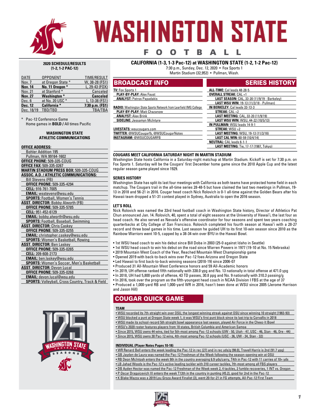 Washington State Game Notes