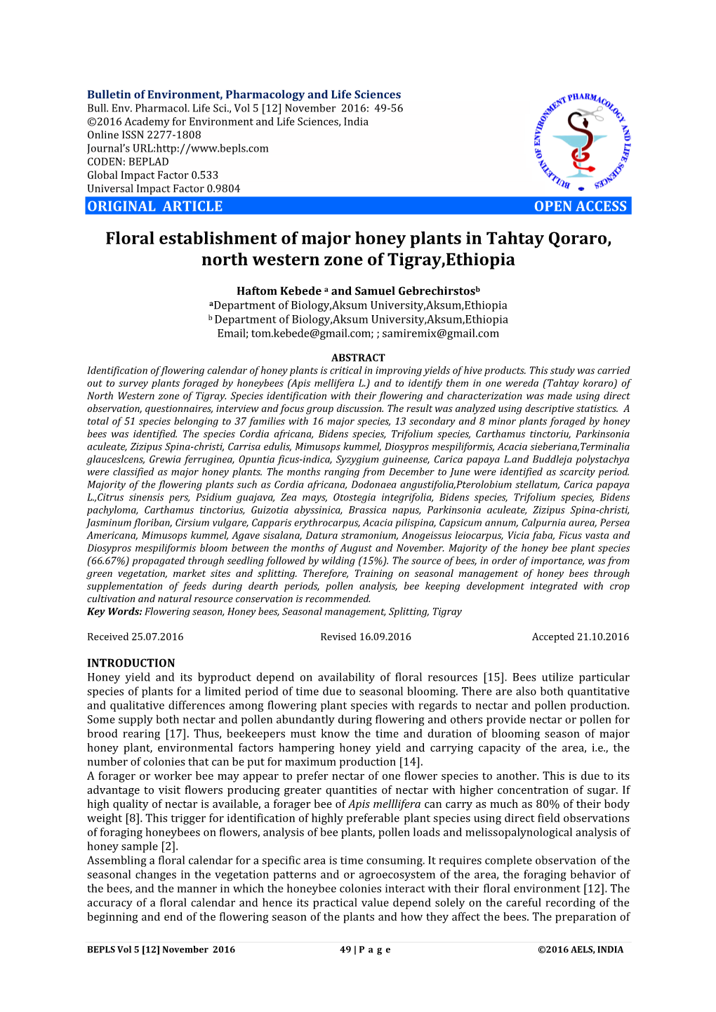 Floral Establishment of Major Honey Plants in Tahtay Qoraro, North Western Zone of Tigray,Ethiopia