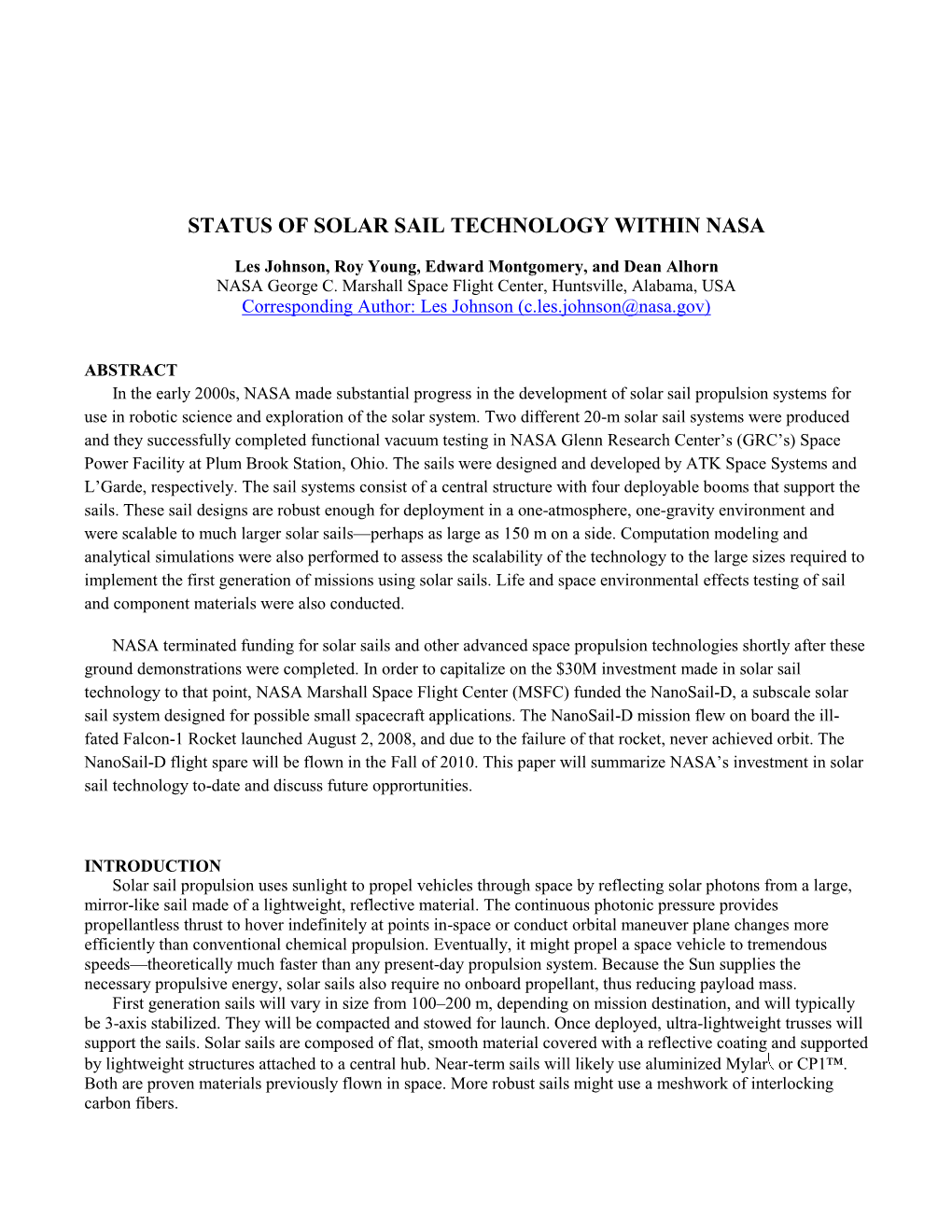 Status of Solar Sail Technology Within Nasa