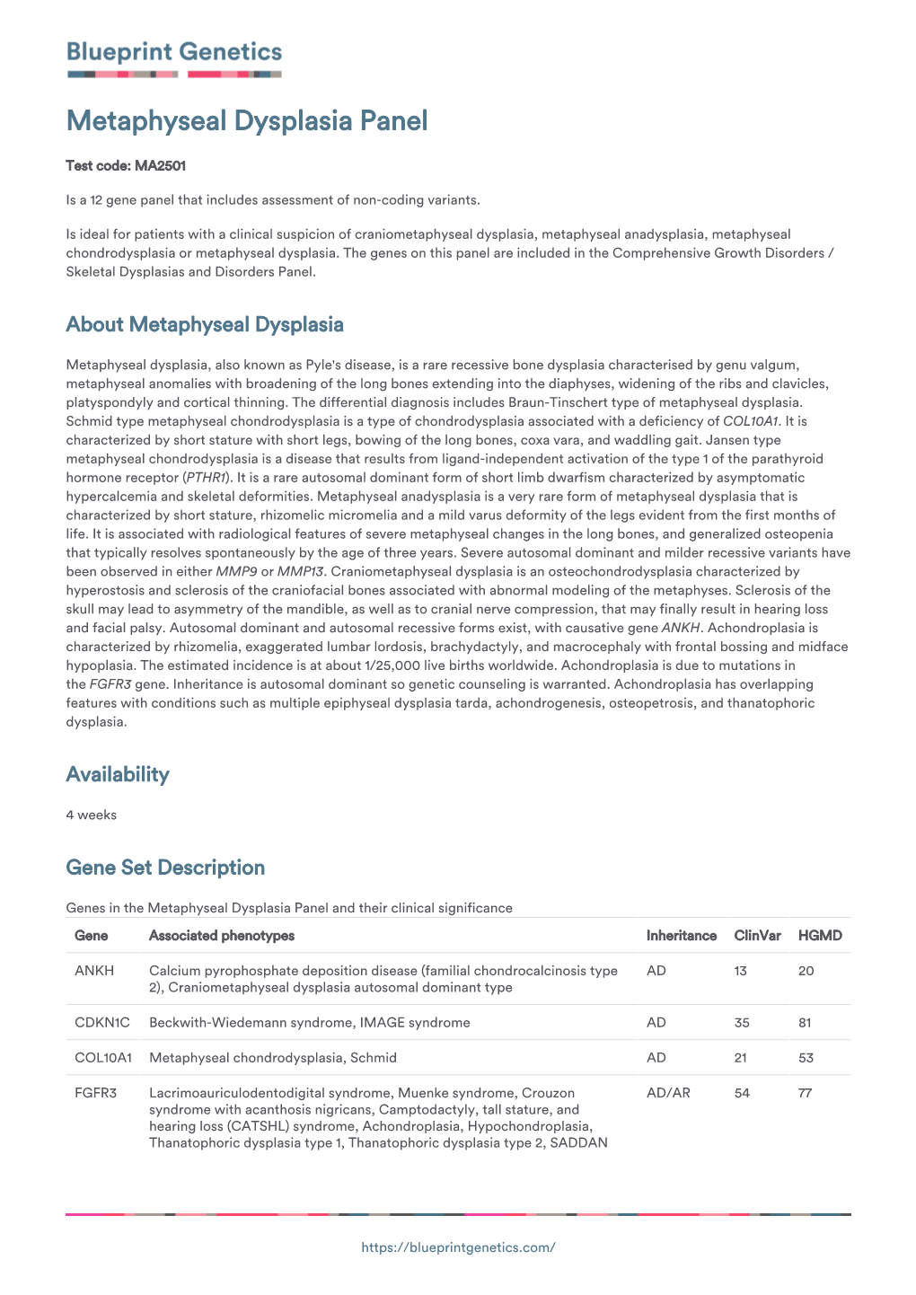 Blueprint Genetics Metaphyseal Dysplasia Panel