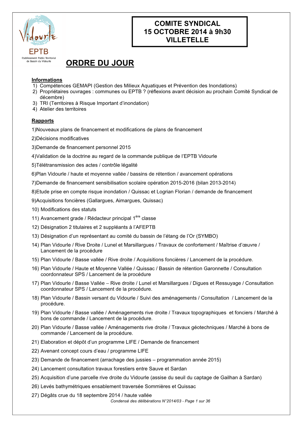 Condensé Des Délibérations N°2014/03 - Page 1 Sur 36 - 1