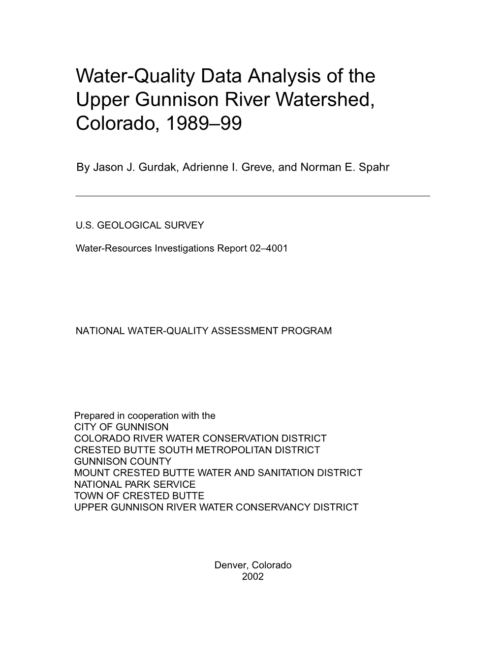 Water-Quality Data Analysis of the Upper Gunnison River Watershed, Colorado, 1989–99