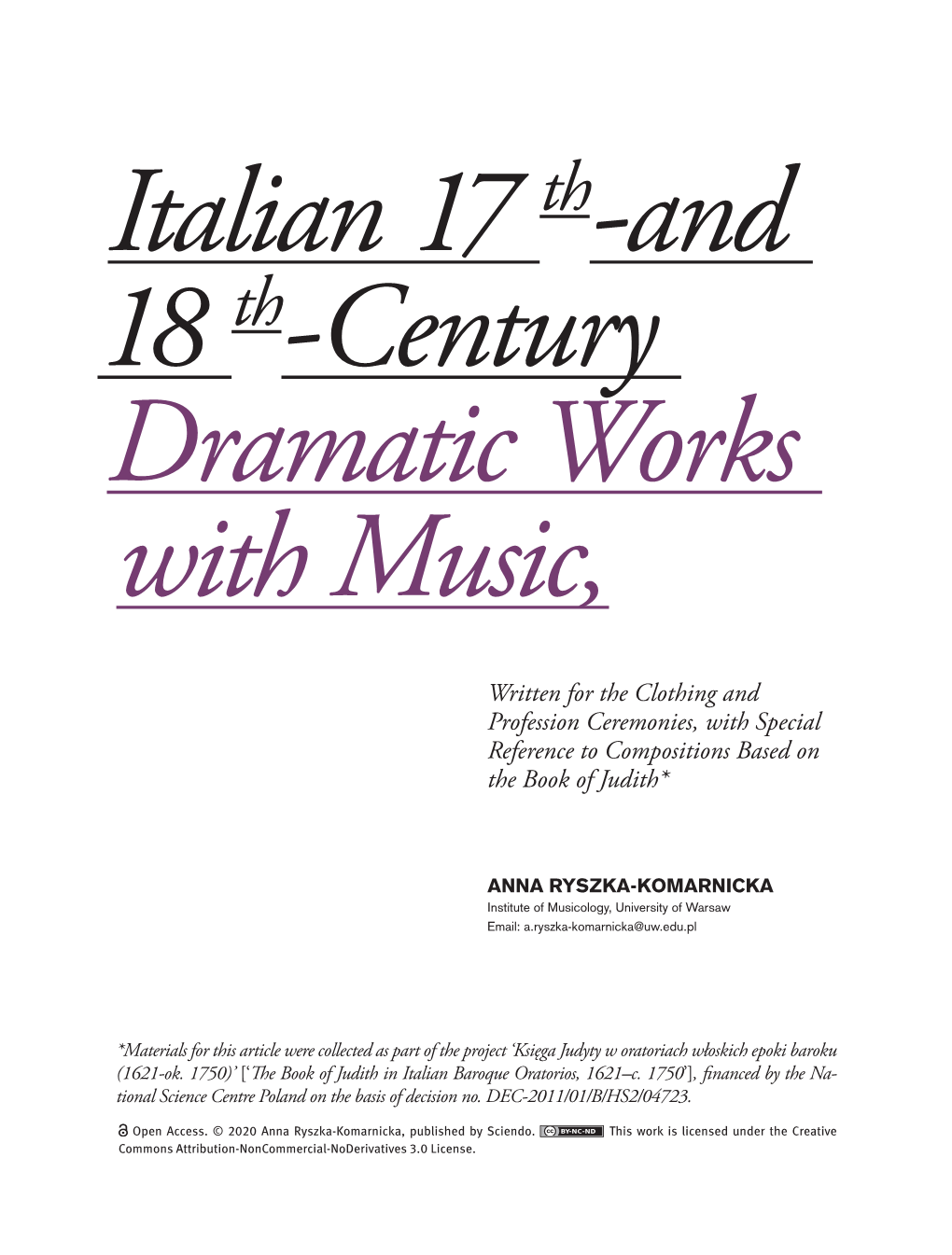 Written for the Clothing and Profession Ceremonies, with Special Reference to Compositions Based on the Book of Judith Musicology Today • Vol