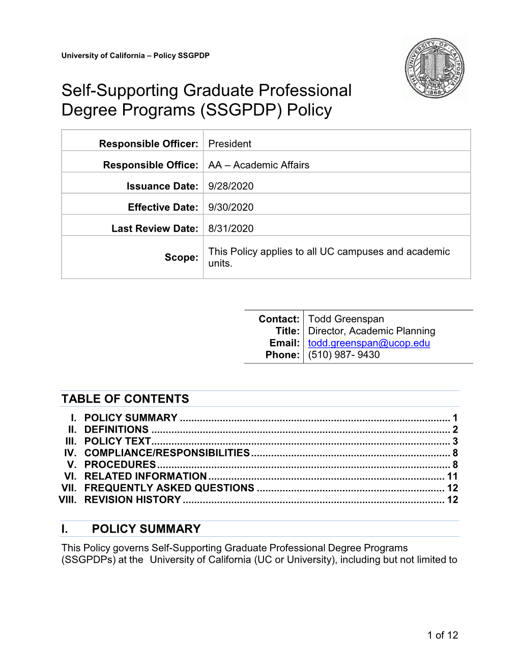 UC Self-Supporting Graduate Professional Degree Program Policy