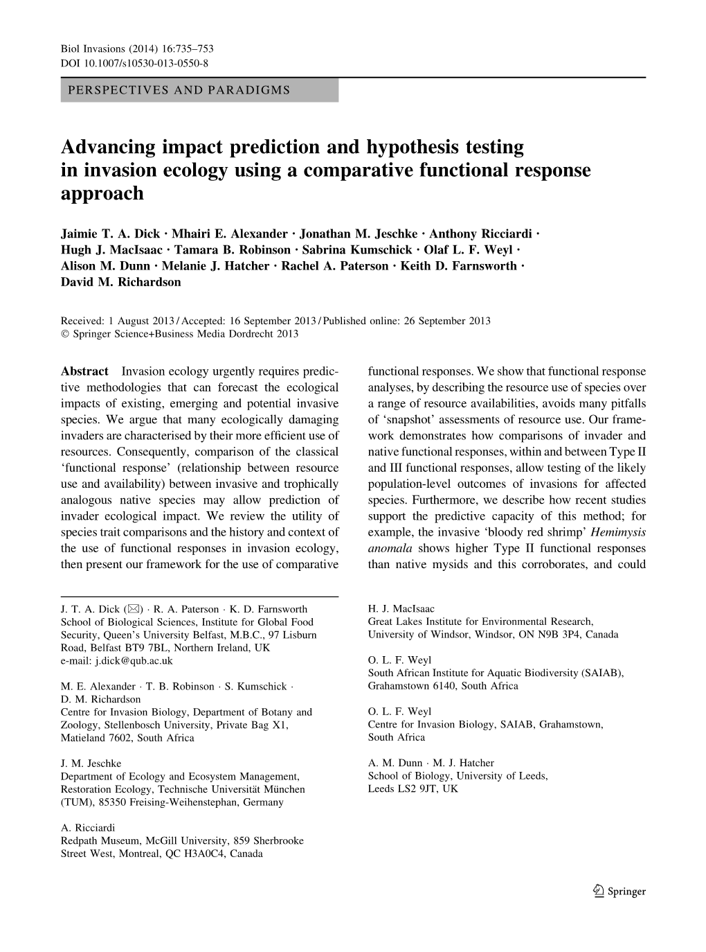 Advancing Impact Prediction and Hypothesis Testing in Invasion Ecology Using a Comparative Functional Response Approach