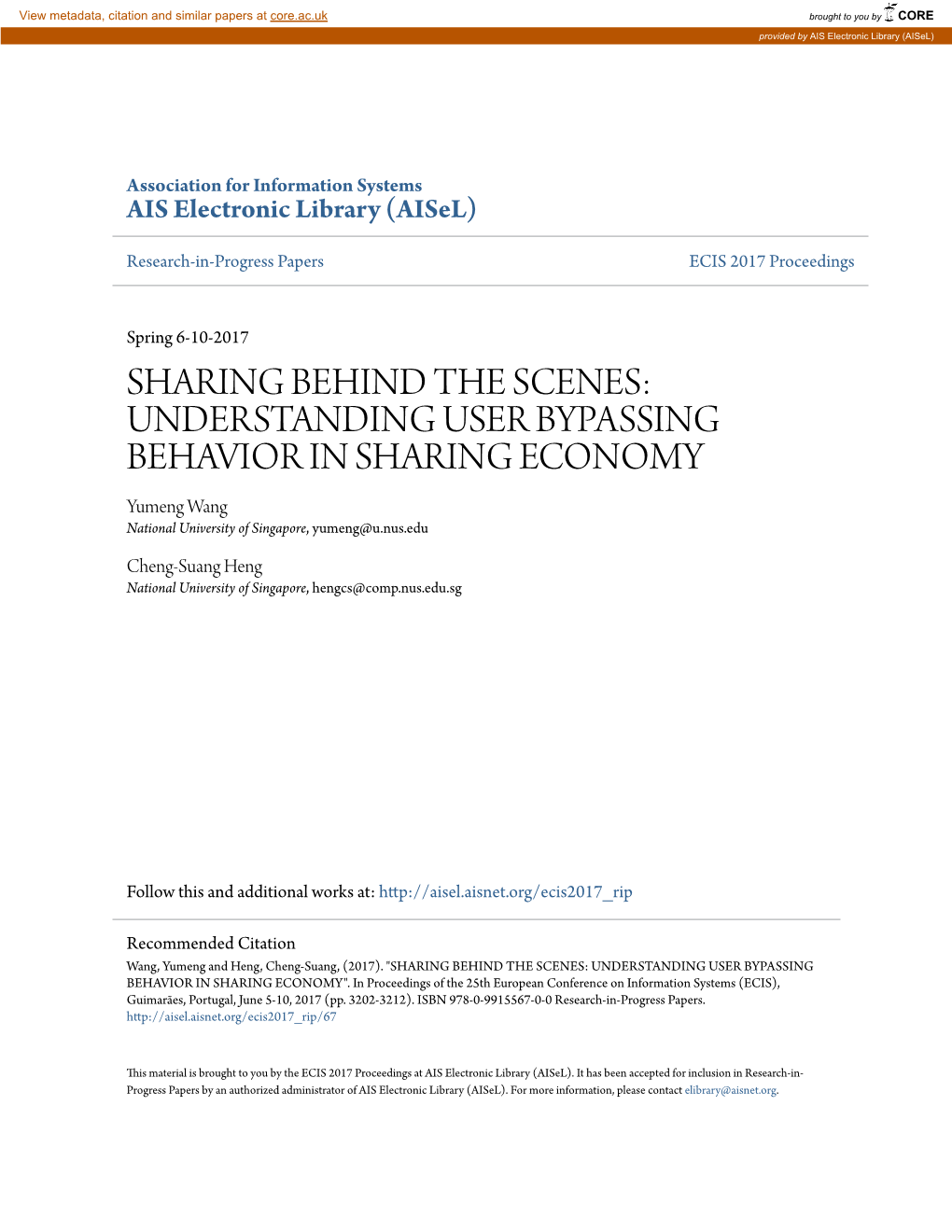 UNDERSTANDING USER BYPASSING BEHAVIOR in SHARING ECONOMY Yumeng Wang National University of Singapore, Yumeng@U.Nus.Edu