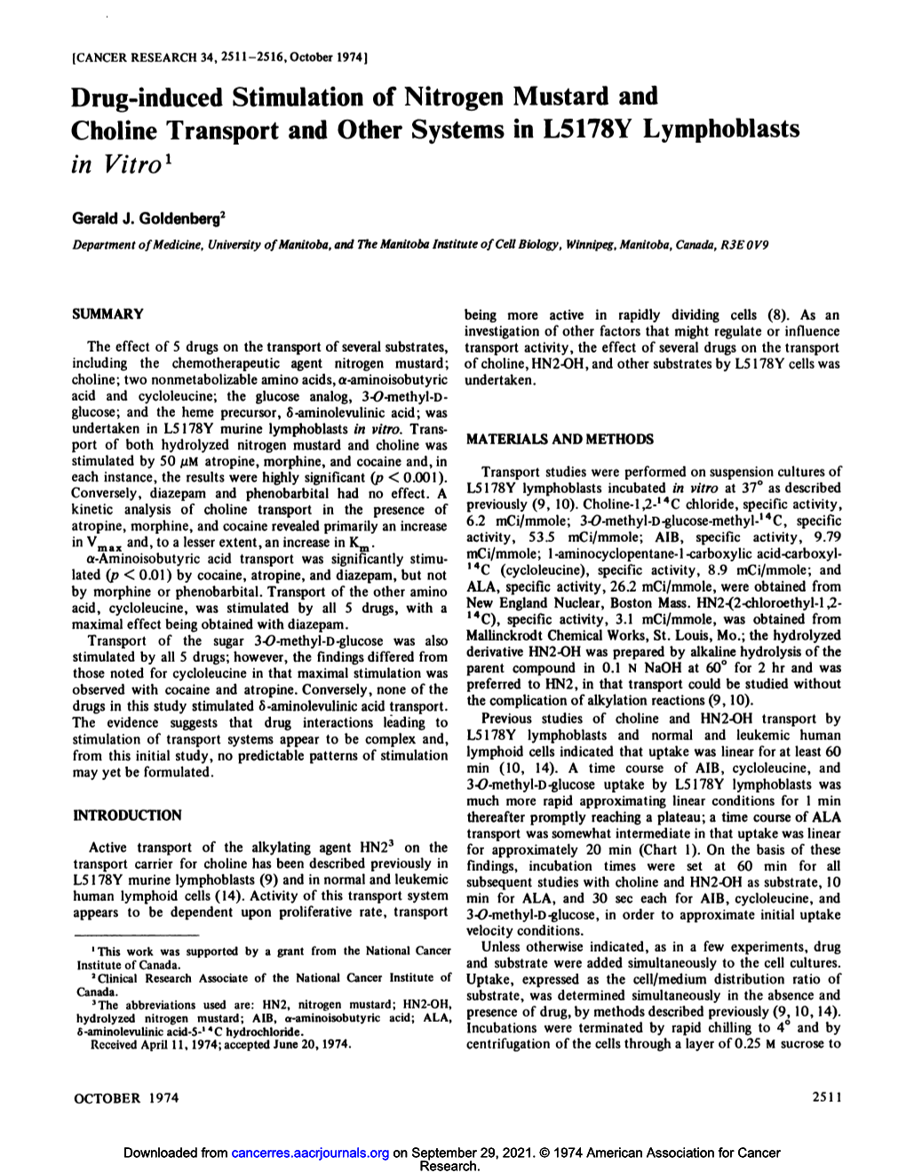 Drug-Induced Stimulation of Nitrogen Mustard and Choline Transport and Other Systems in L5178Y Lymphoblasts in Vitro1