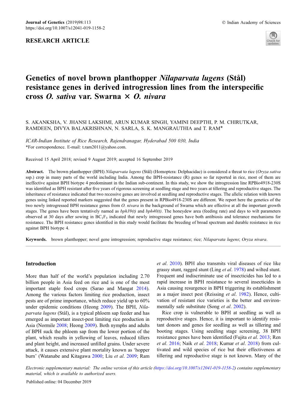 (Stål) Resistance Genes in Derived Introgression Lines from the Interspe