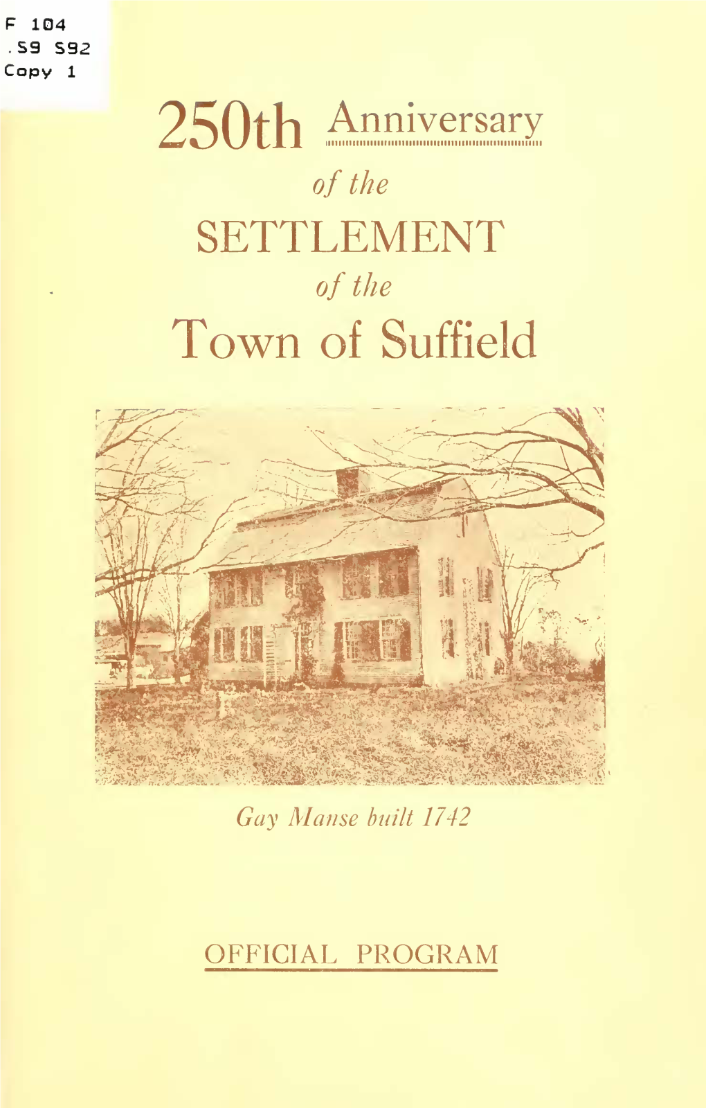 Suffield, Connecticut; 25Th Anniversary of the Founding of the Town