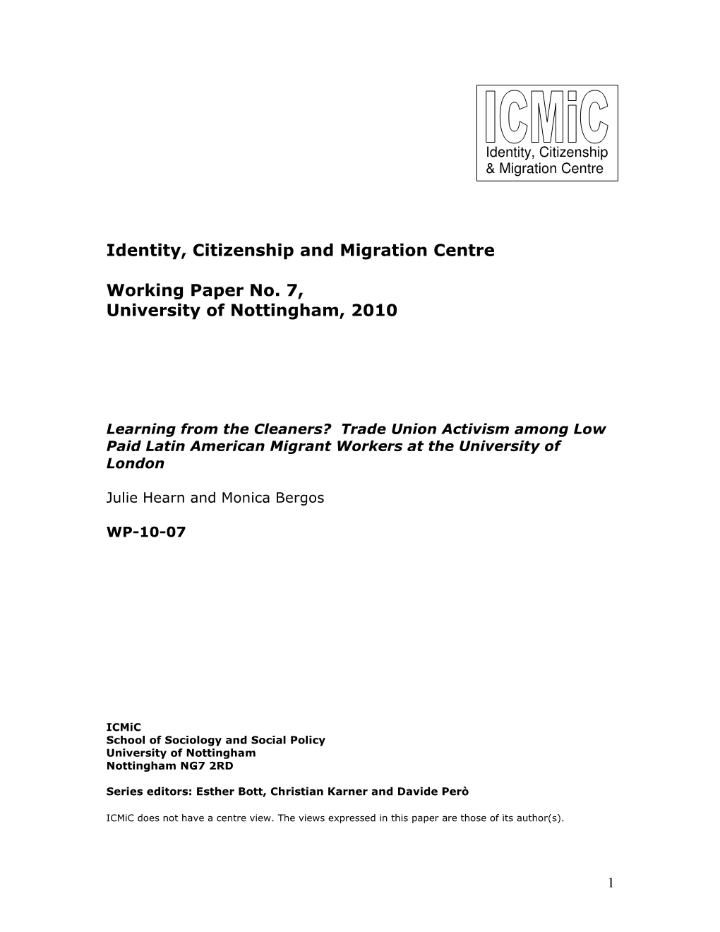 Identity, Citizenship and Migration Centre Working Paper No. 7, University of Nottingham, 2010