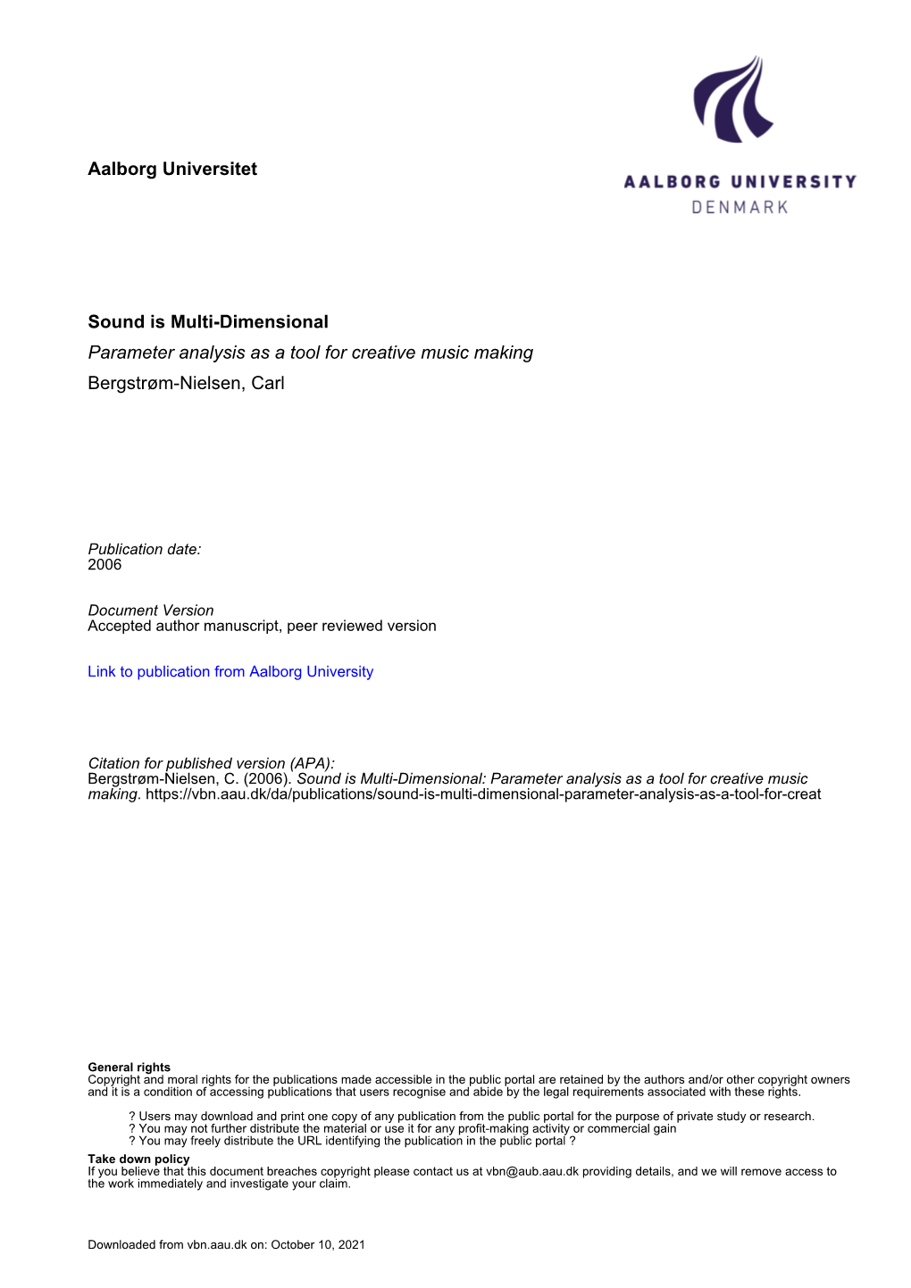 Sound Is Multi-Dimensional Parameter Analysis As a Tool for Creative Music Making Bergstrøm-Nielsen, Carl