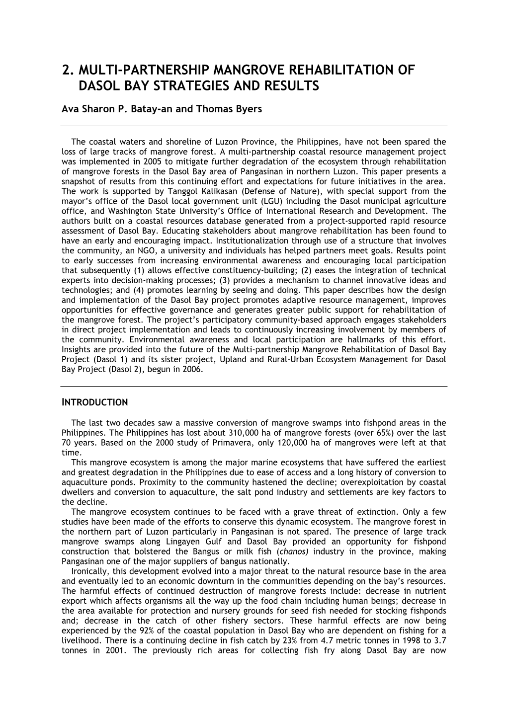 2. Multi-Partnership Mangrove Rehabilitation of Dasol Bay Strategies and Results