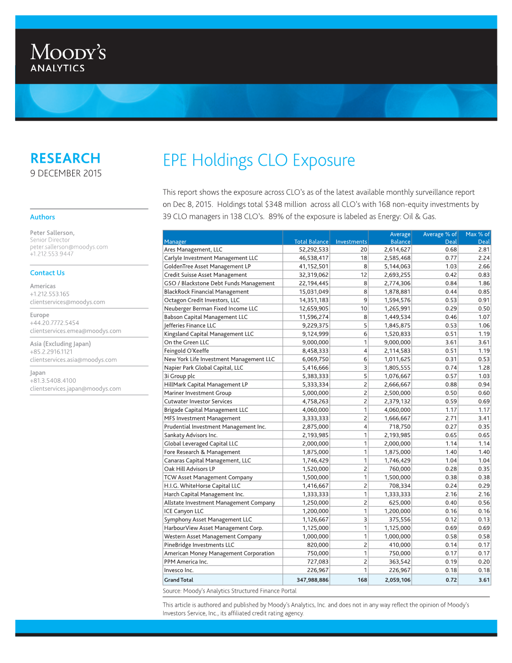 EPE Holdings CLO Exposure 9 DECEMBER 2015