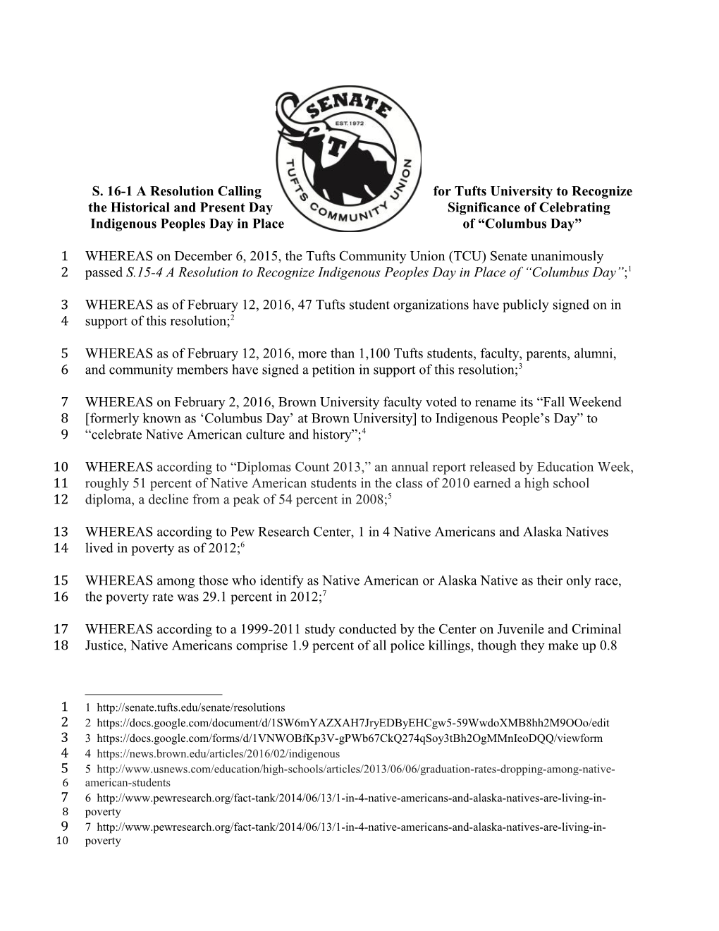 S. 16-1 a Resolution Calling for Tufts University to Recognize the Historical and Present