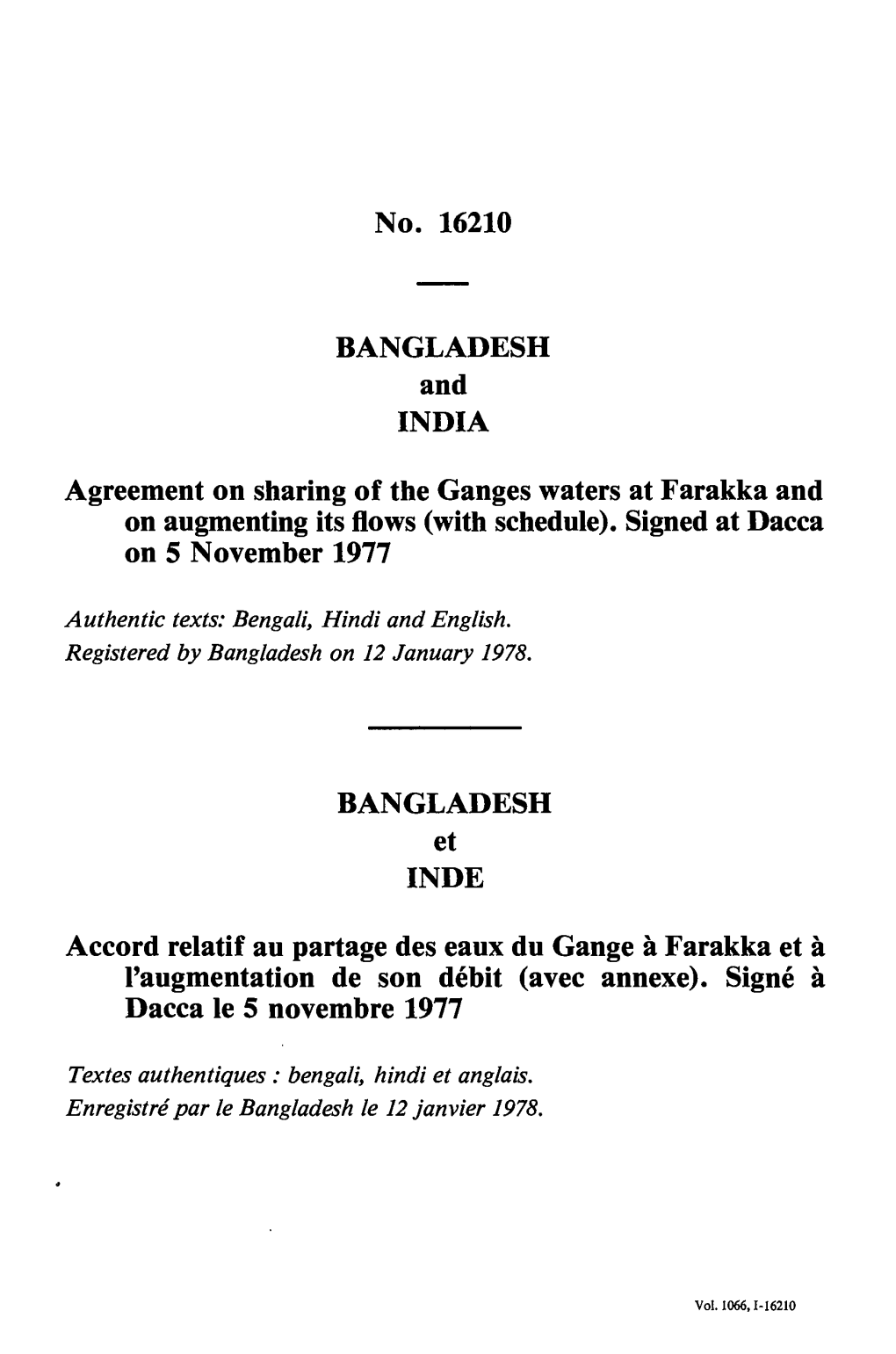Agreement on Sharing of the Ganges Waters at Farakka and on Augmenting Its Flows (With Schedule)