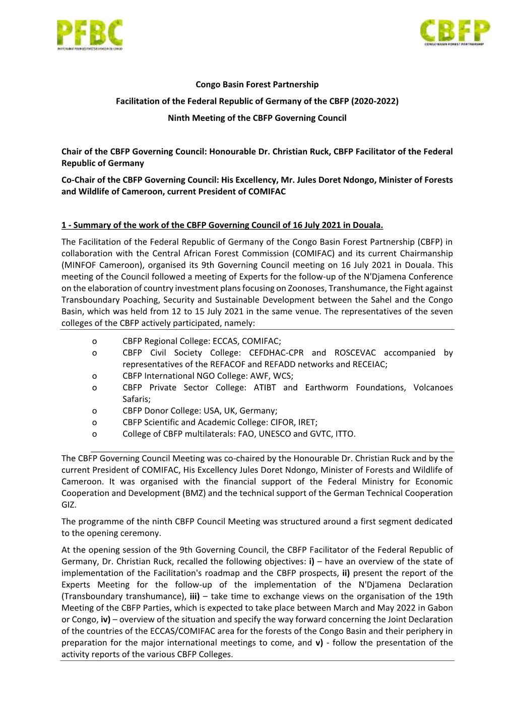 Minutes of the 9Th Meeting of the CBFP Governing Council
