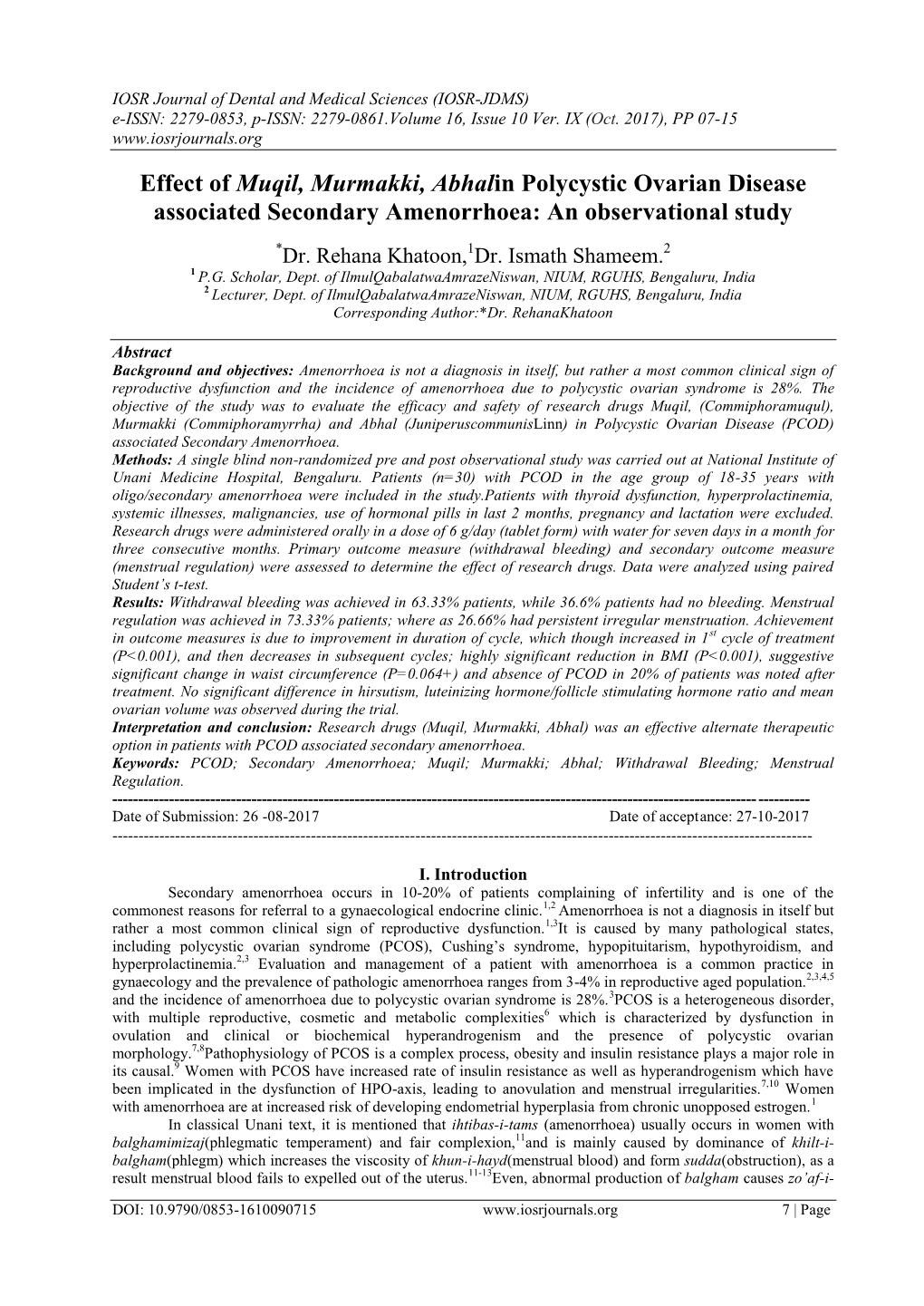 Effect of Muqil, Murmakki, Abhalin Polycystic Ovarian Disease Associated Secondary Amenorrhoea: an Observational Study