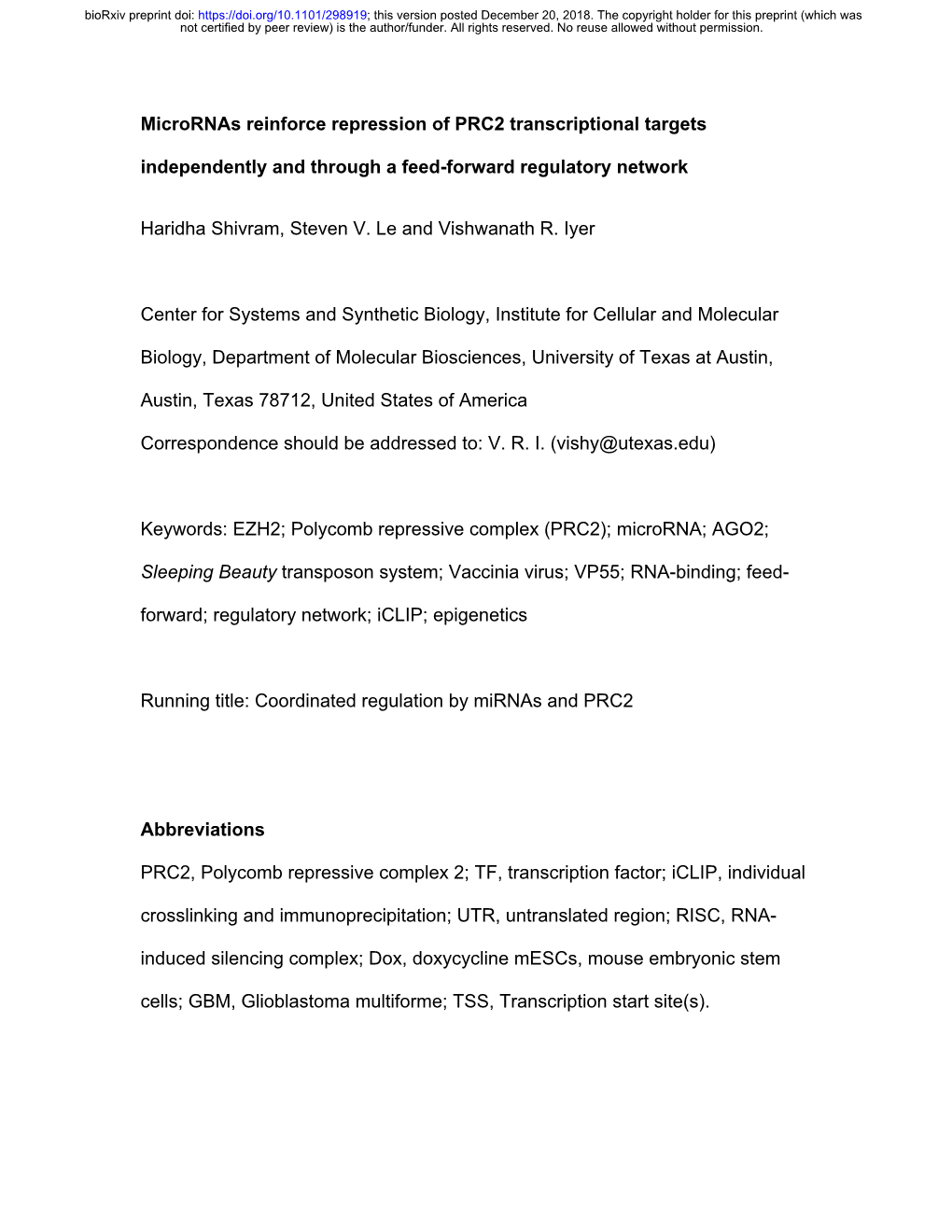 Micrornas Reinforce Repression of PRC2 Transcriptional Targets