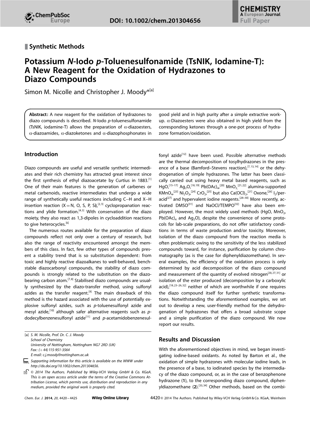 A New Reagent for the Oxidation of Hydrazones to Diazo Compounds Simon M