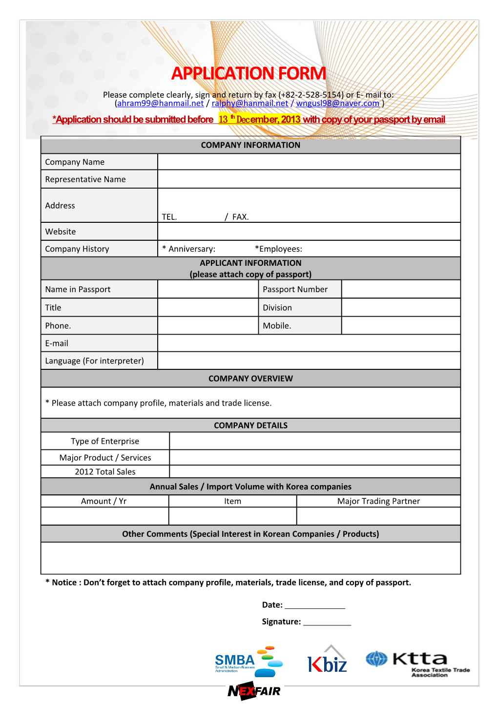 Please Complete Clearly, Sign and Return by Fax (+82-2-528-5154) Or E- Mail To