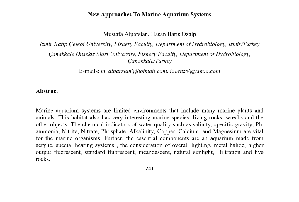 New Approaches to Marine Aquarium Systems Mustafa Alparslan, Hasan