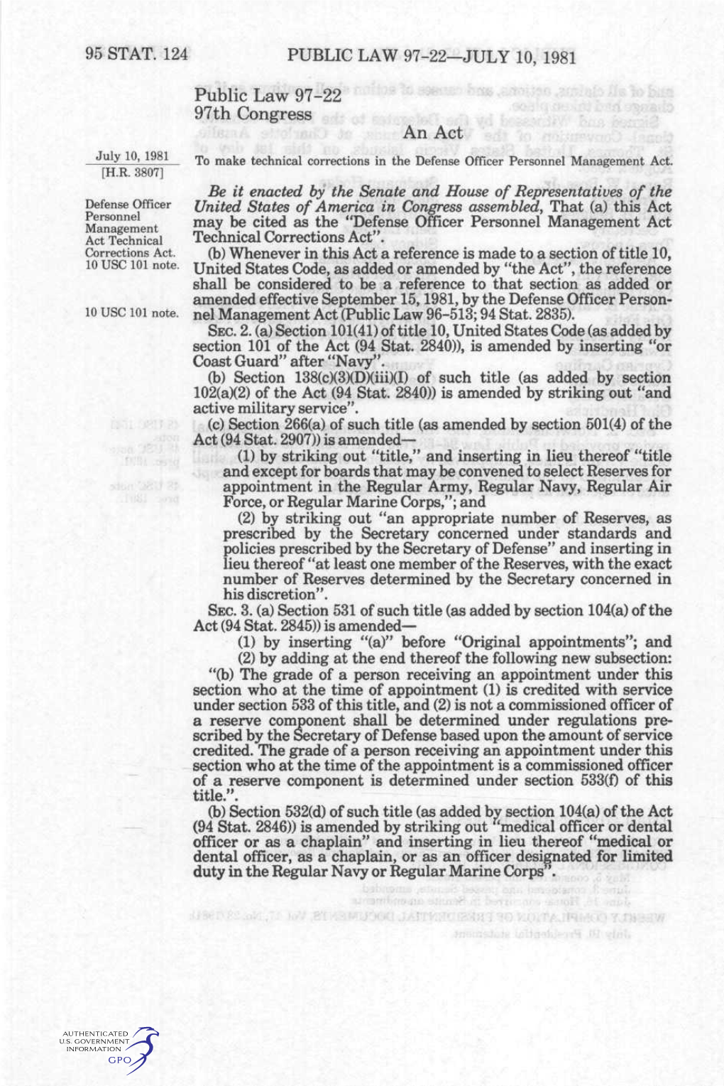 An Act July 10, 1981 Rp^ Make Technical Corrections in the Defense Officer Personnel Management Act