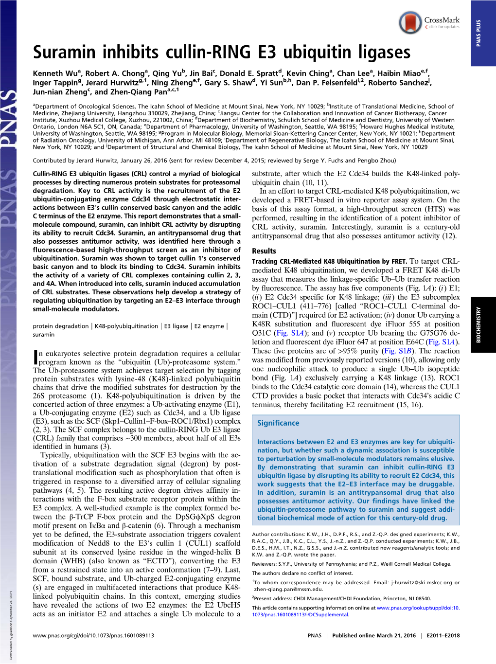 Suramin Inhibits Cullin-RING E3 Ubiquitin Ligases PNAS PLUS