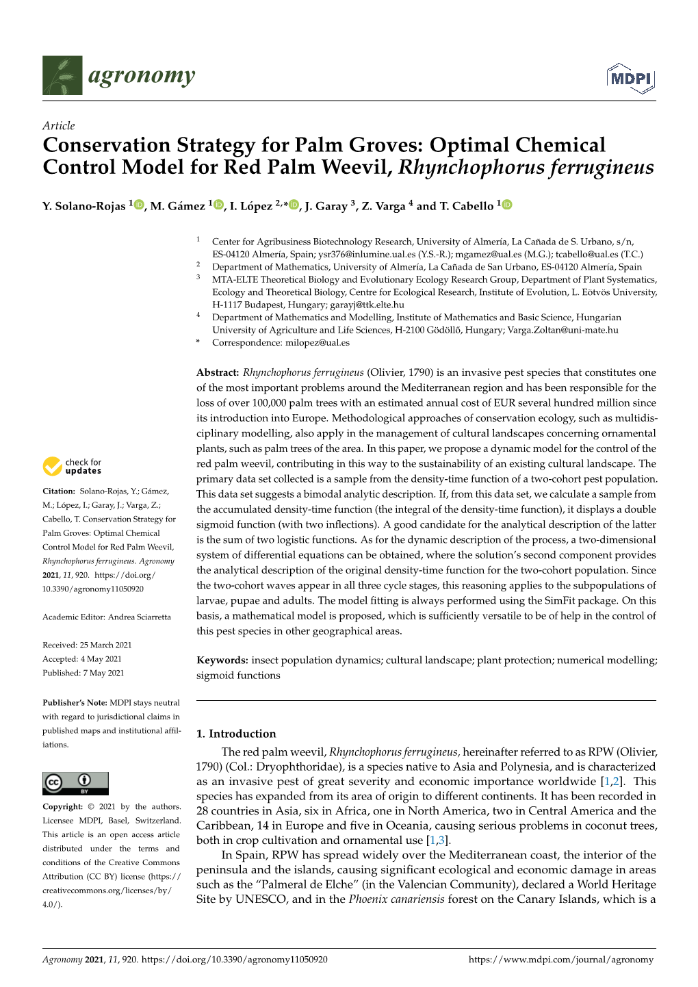 Conservation Strategy for Palm Groves: Optimal Chemical Control Model for Red Palm Weevil, Rhynchophorus Ferrugineus