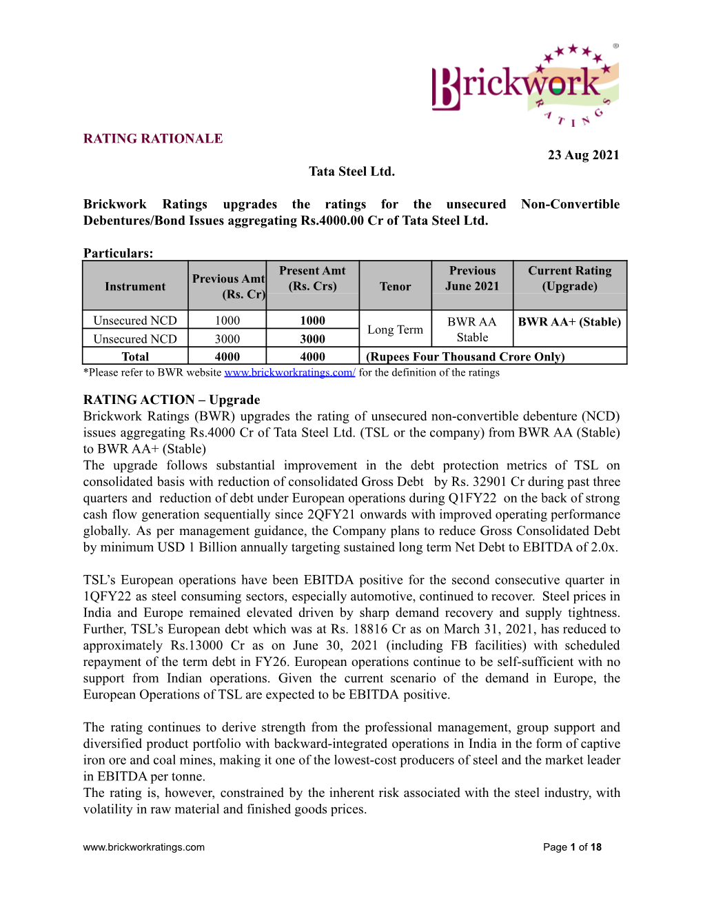 RATING RATIONALE 23 Aug 2021 Tata Steel Ltd. Brickwork Ratings