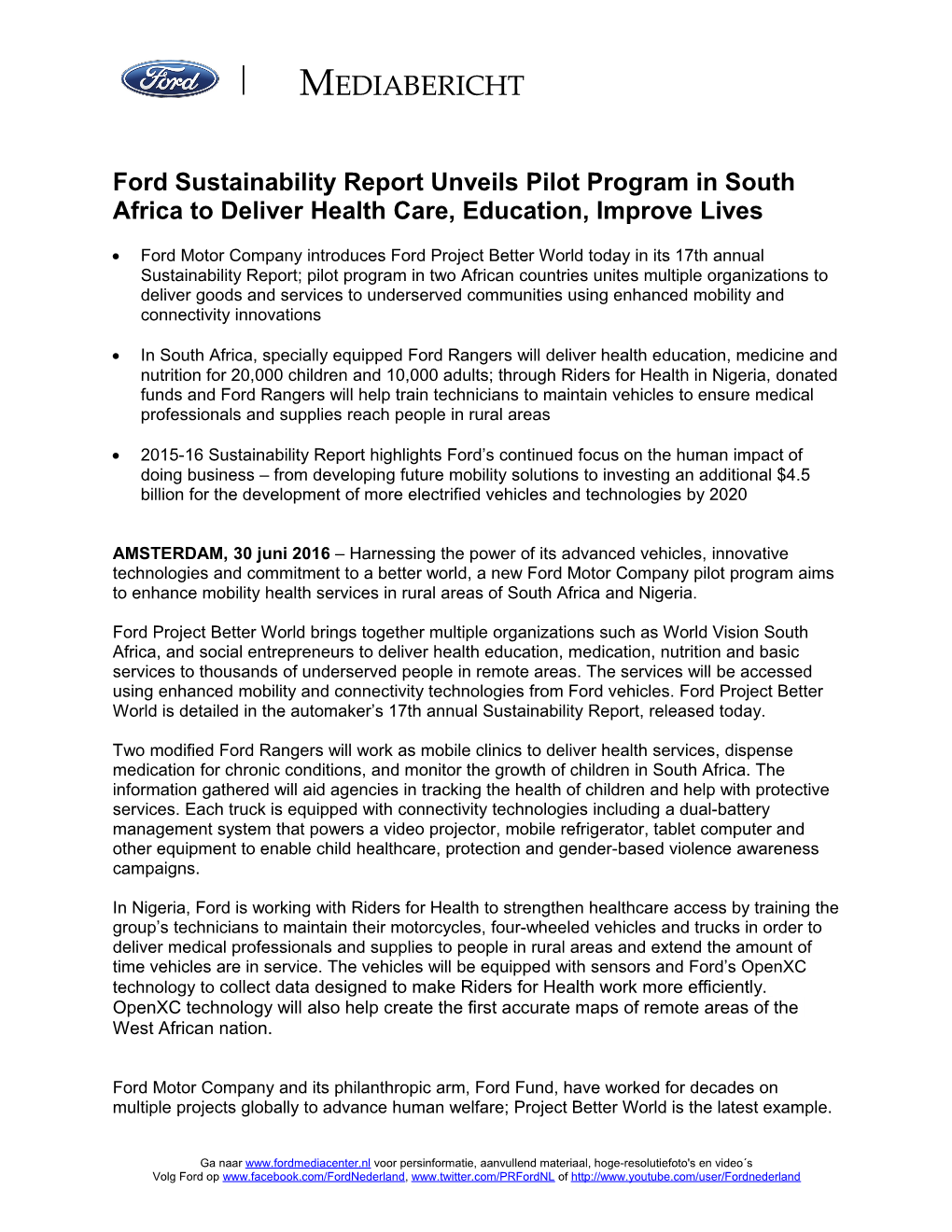 Ford Sustainability Report Unveils Pilot Program in South Africa to Deliver Health Care