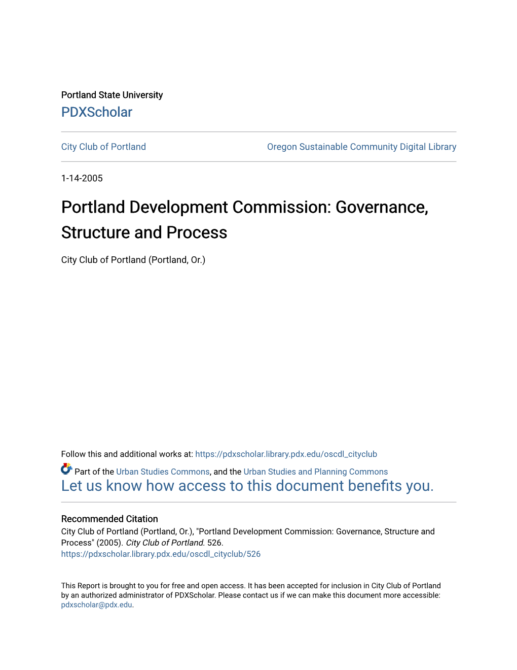 Portland Development Commission: Governance, Structure and Process