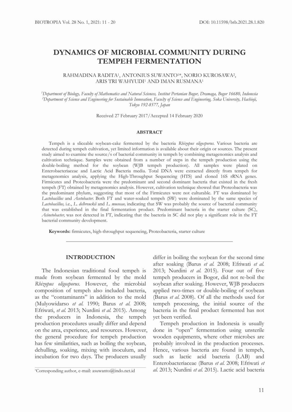 Dynamics of Microbial Community During Tempeh Fermentation