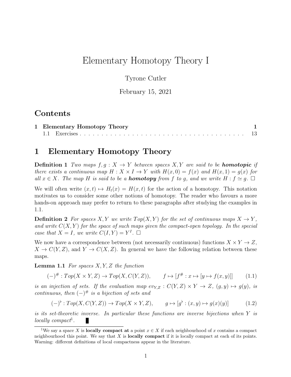 Elementary Homotopy Theory I