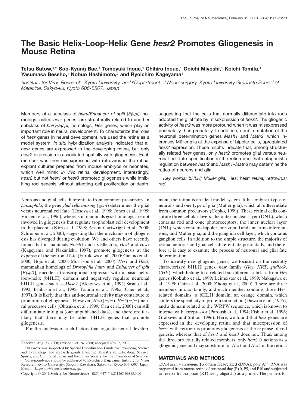 The Basic Helix-Loop-Helix Gene Hesr2 Promotes Gliogenesis in Mouse Retina