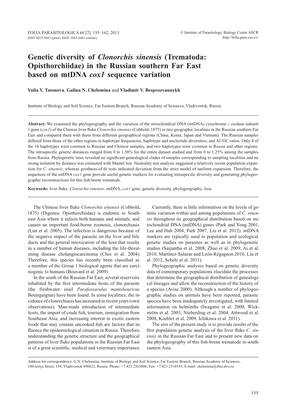 Ahead of Print Online Version Genetic Diversity of Clonorchis Sinensis