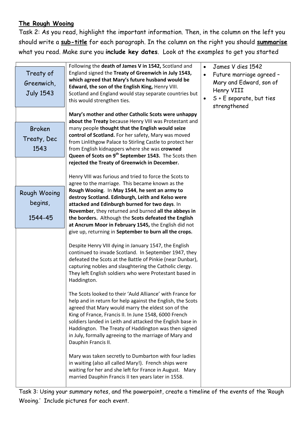 The Rough Wooing Task 2: As You Read, Highlight the Important Information