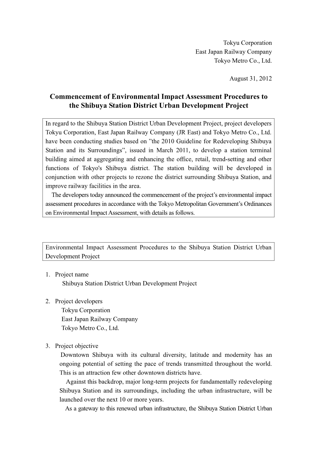 Commencement of Environmental Impact Assessment Procedures to the Shibuya Station District Urban Development Project