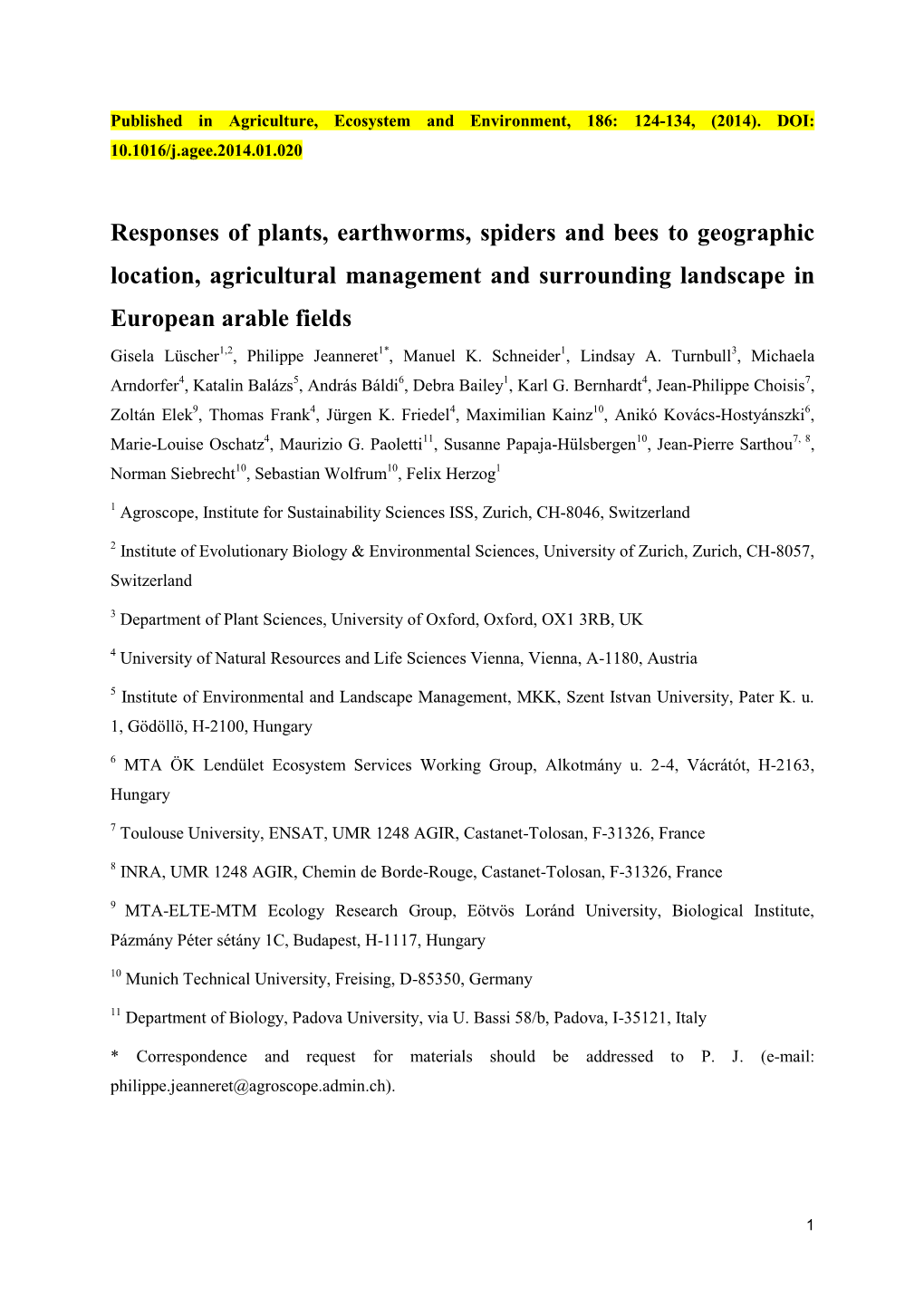 Responses of Plants, Earthworms, Spiders and Bees to Geographic