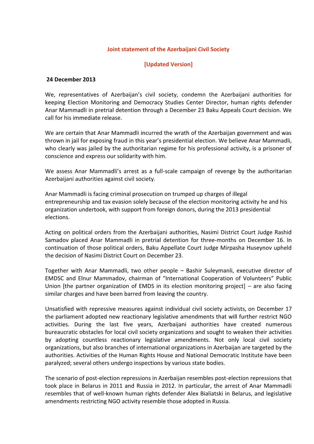 Joint Statement of the Azerbaijani Civil Society