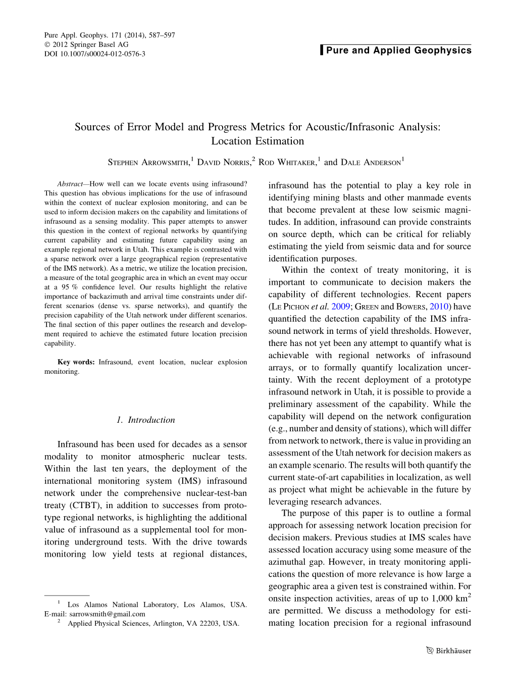 Sources of Error Model and Progress Metrics for Acoustic/Infrasonic Analysis: Location Estimation