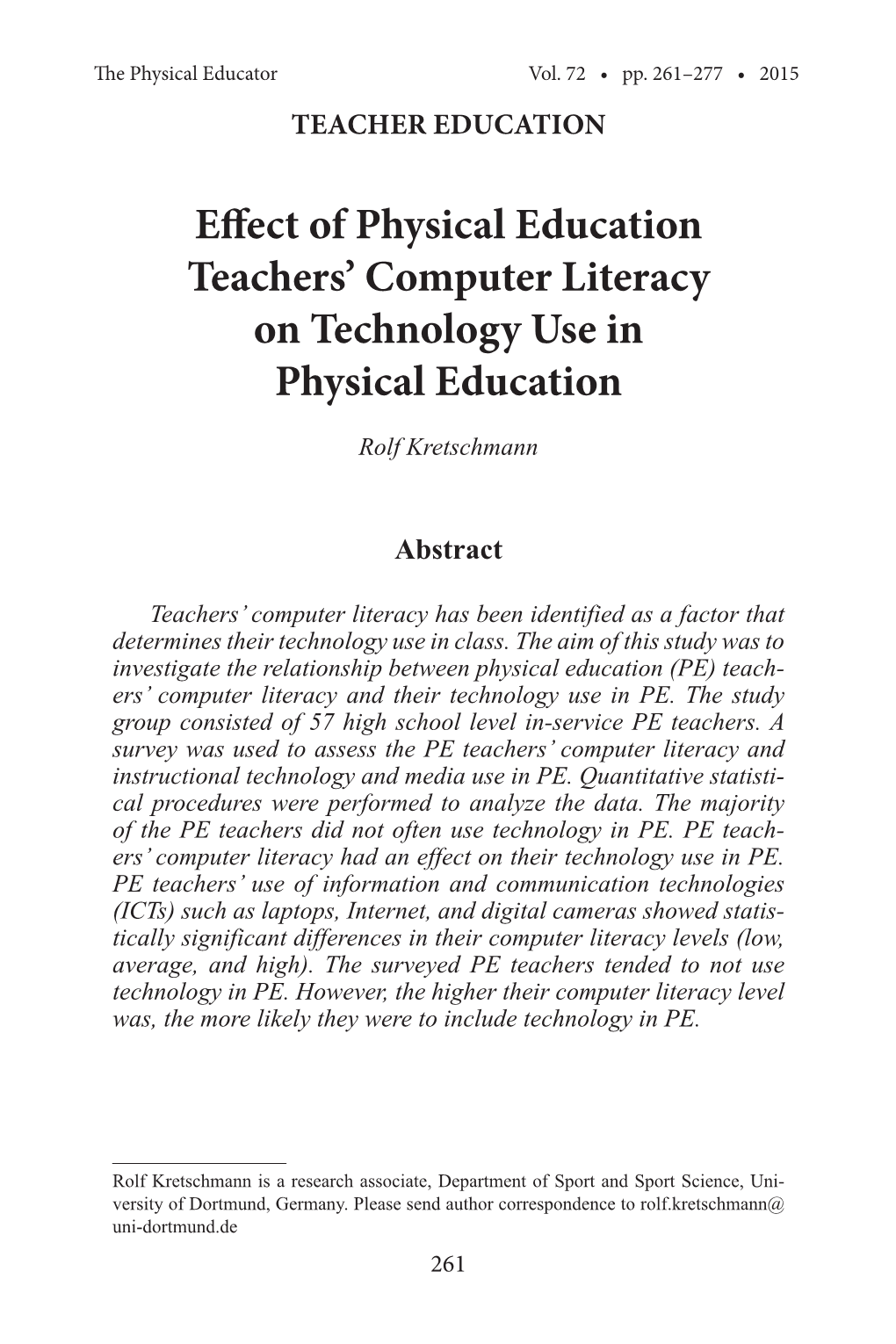 Effect of Physical Education Teachers' Computer Literacy on Technology