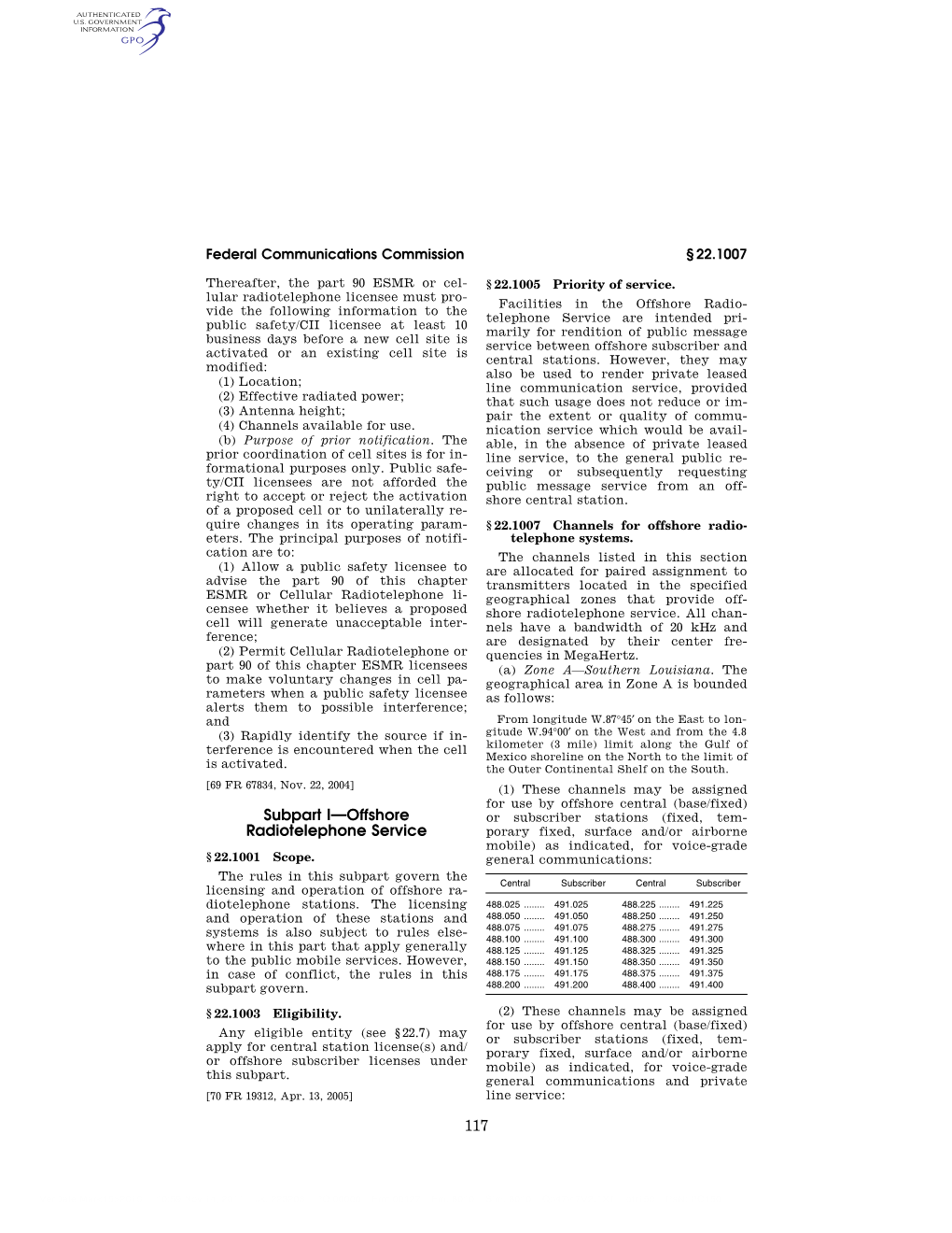 117 Subpart I—Offshore Radiotelephone Service