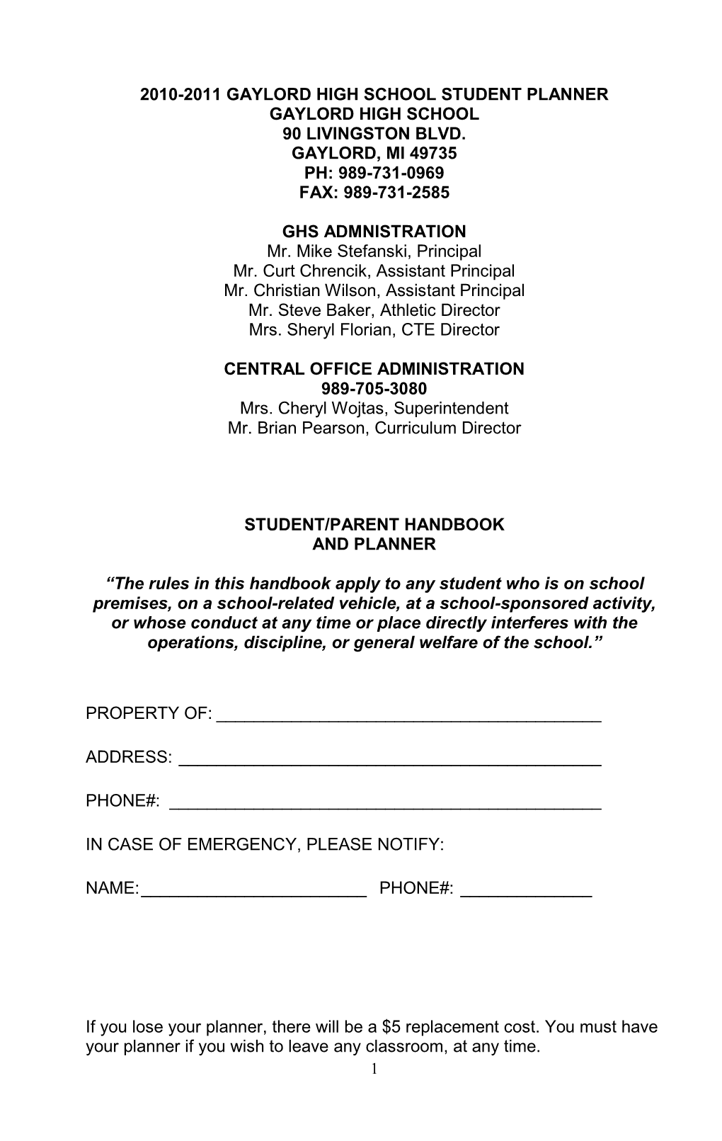 Gaylord High School Student Planner Gaylord High School 90 Livingston Blvd